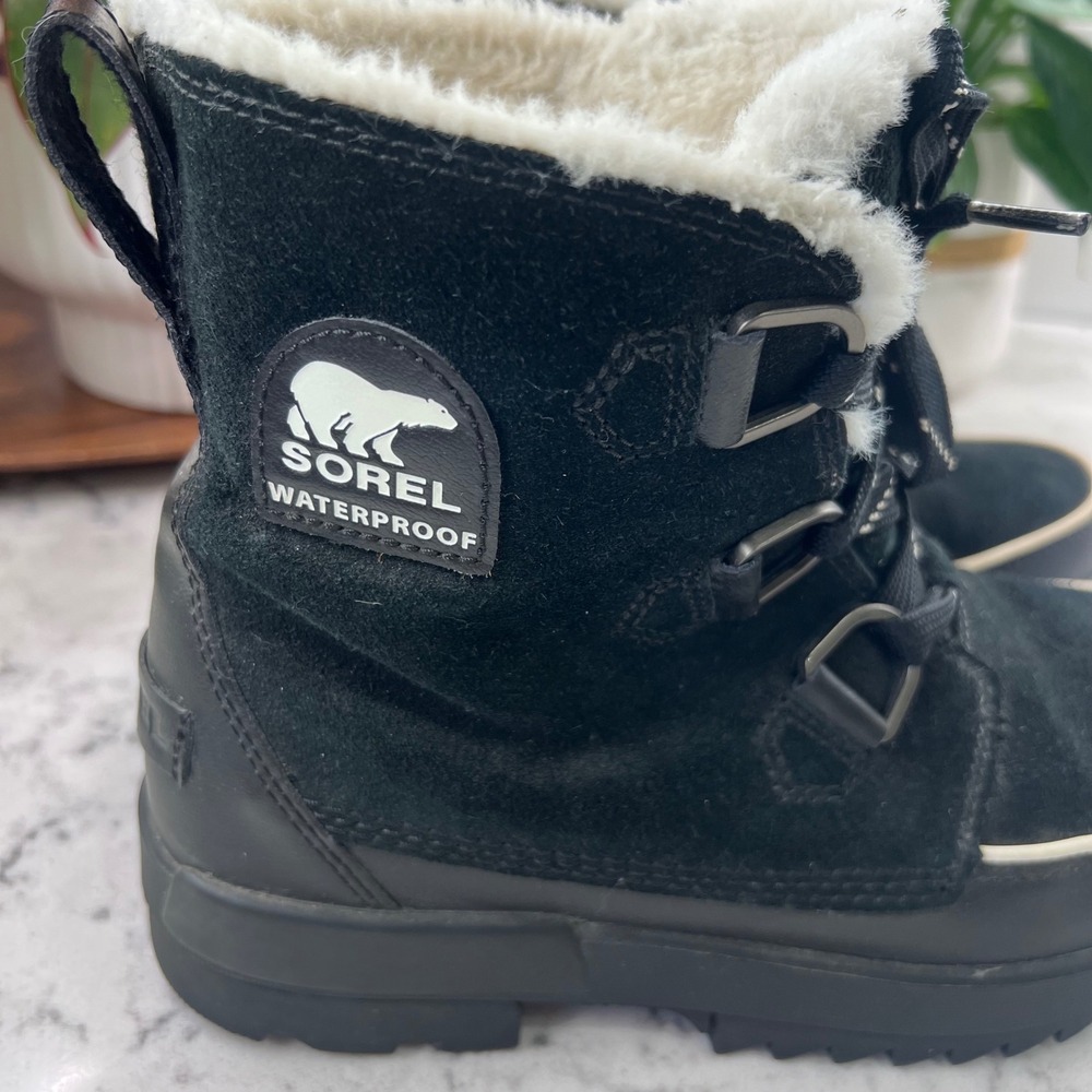 Sorel Explorer II Joan Waterproof Winter Boots Black Suede Faux Fur Womens 10 - Picture 2 of 9